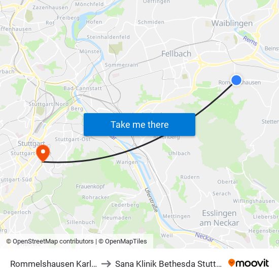 Rommelshausen Karlstr. to Sana Klinik Bethesda Stuttgart map