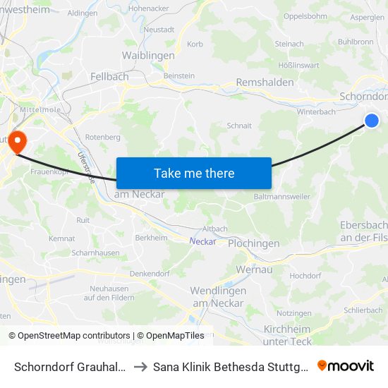 Schorndorf Grauhalde to Sana Klinik Bethesda Stuttgart map