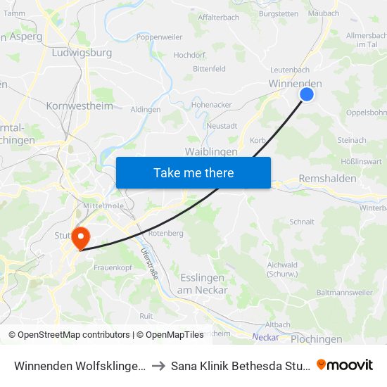 Winnenden Wolfsklingenweg to Sana Klinik Bethesda Stuttgart map