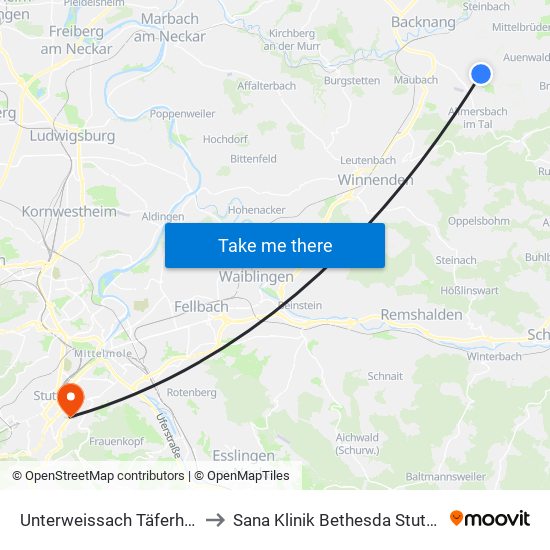 Unterweissach Täferhalde to Sana Klinik Bethesda Stuttgart map