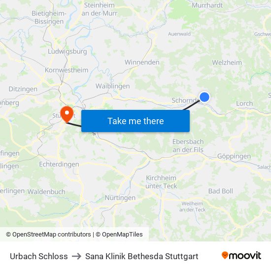 Urbach Schloss to Sana Klinik Bethesda Stuttgart map