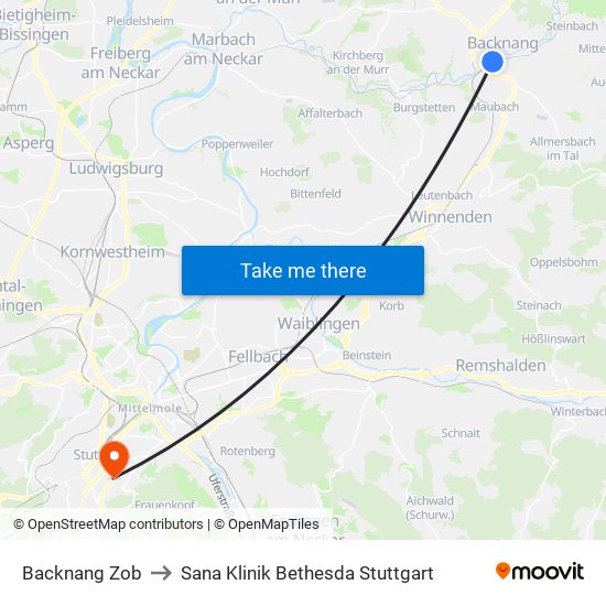 Backnang Zob to Sana Klinik Bethesda Stuttgart map