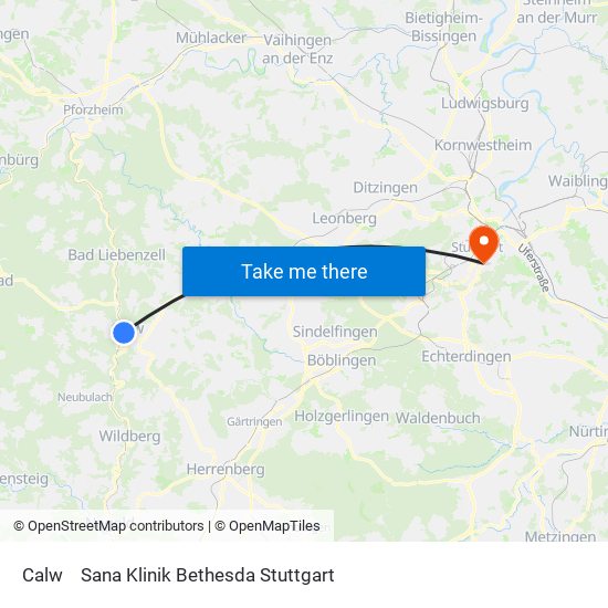Calw to Sana Klinik Bethesda Stuttgart map