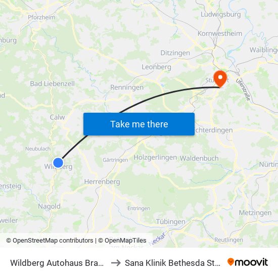 Wildberg Autohaus Braun/Lidl to Sana Klinik Bethesda Stuttgart map