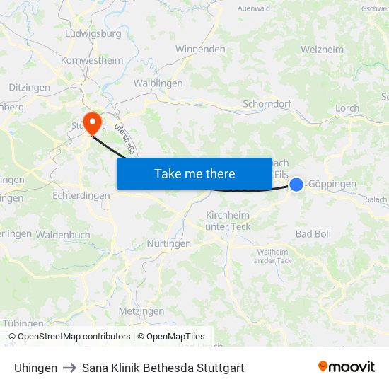 Uhingen to Sana Klinik Bethesda Stuttgart map