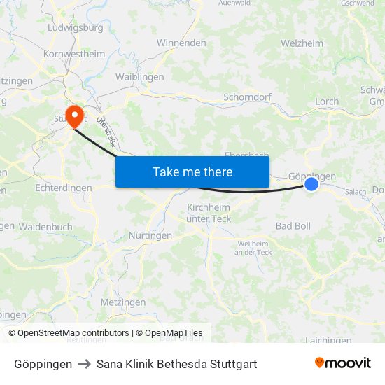 Göppingen to Sana Klinik Bethesda Stuttgart map