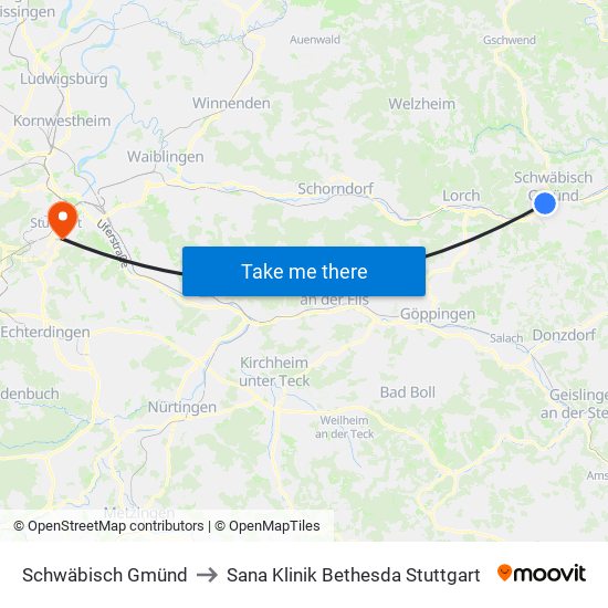 Schwäbisch Gmünd to Sana Klinik Bethesda Stuttgart map
