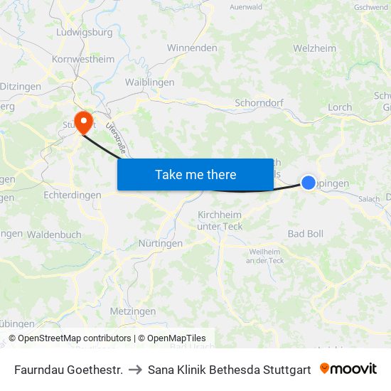 Faurndau Goethestr. to Sana Klinik Bethesda Stuttgart map