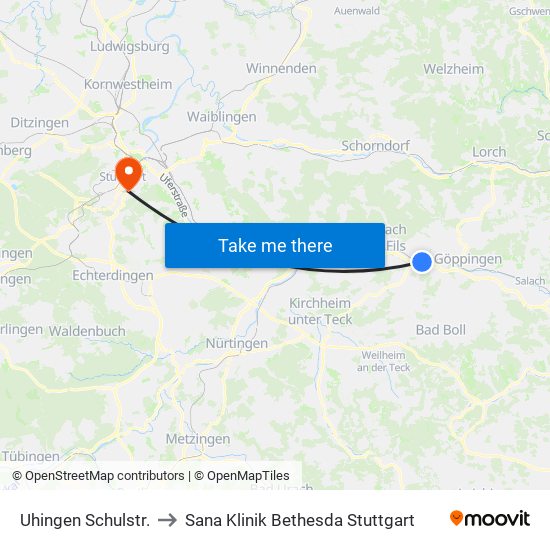 Uhingen Schulstr. to Sana Klinik Bethesda Stuttgart map