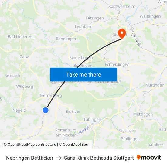 Nebringen Bettäcker to Sana Klinik Bethesda Stuttgart map