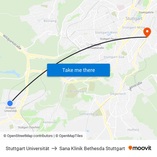 Stuttgart Universität to Sana Klinik Bethesda Stuttgart map