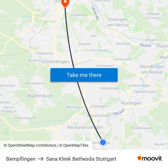 Bempflingen to Sana Klinik Bethesda Stuttgart map