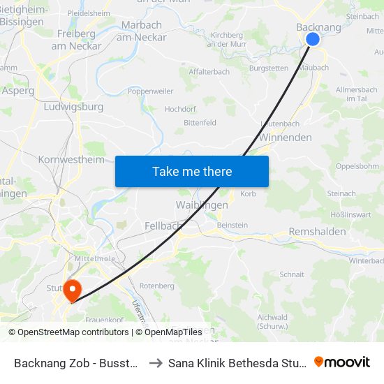 Backnang Zob - Bussteig 1a to Sana Klinik Bethesda Stuttgart map