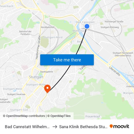 Bad Cannstatt Wilhelmsplatz to Sana Klinik Bethesda Stuttgart map