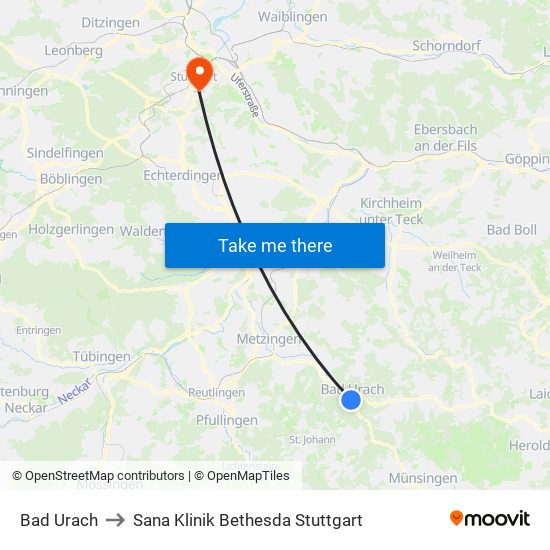 Bad Urach to Sana Klinik Bethesda Stuttgart map