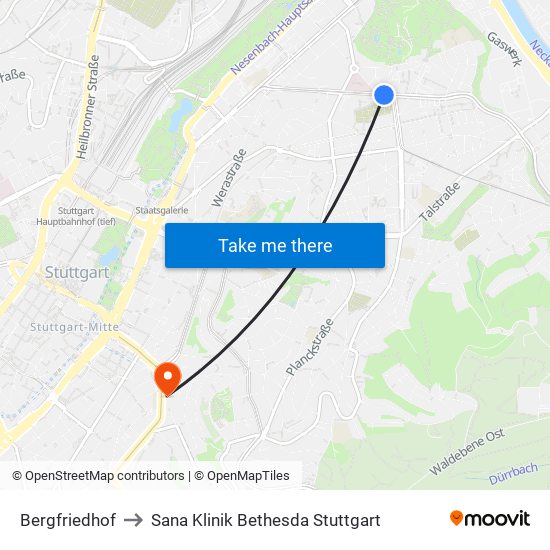 Bergfriedhof to Sana Klinik Bethesda Stuttgart map