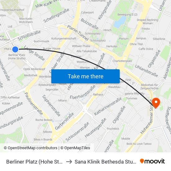 Berliner Platz (Hohe Straße) to Sana Klinik Bethesda Stuttgart map