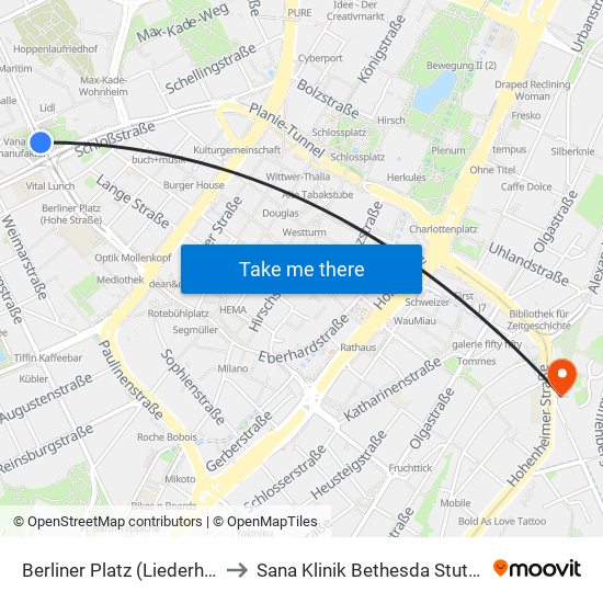 Berliner Platz (Liederhalle) to Sana Klinik Bethesda Stuttgart map