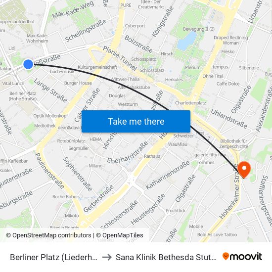 Berliner Platz (Liederhalle) to Sana Klinik Bethesda Stuttgart map