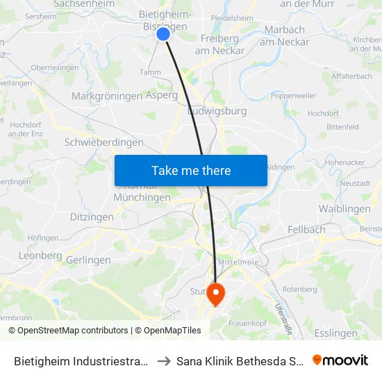 Bietigheim Industriestraße - Zob to Sana Klinik Bethesda Stuttgart map