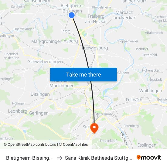 Bietigheim-Bissingen to Sana Klinik Bethesda Stuttgart map