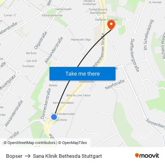 Bopser to Sana Klinik Bethesda Stuttgart map