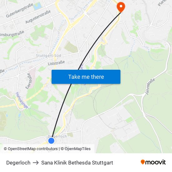 Degerloch to Sana Klinik Bethesda Stuttgart map