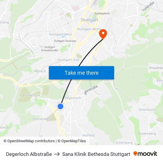 Degerloch Albstraße to Sana Klinik Bethesda Stuttgart map