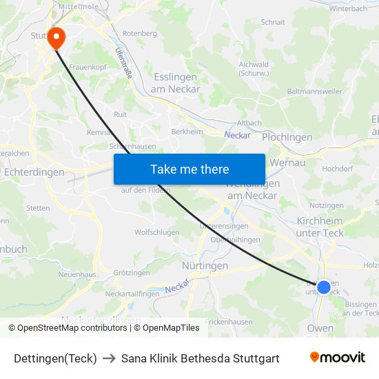 Dettingen(Teck) to Sana Klinik Bethesda Stuttgart map