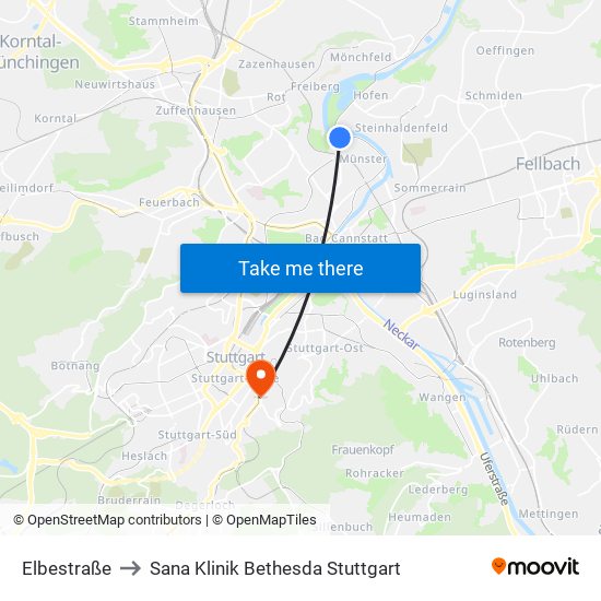 Elbestraße to Sana Klinik Bethesda Stuttgart map