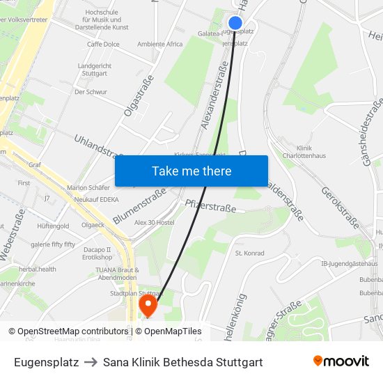 Eugensplatz to Sana Klinik Bethesda Stuttgart map