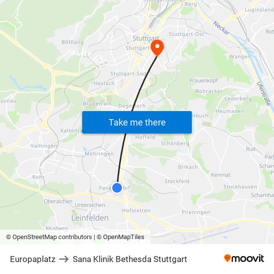 Europaplatz to Sana Klinik Bethesda Stuttgart map