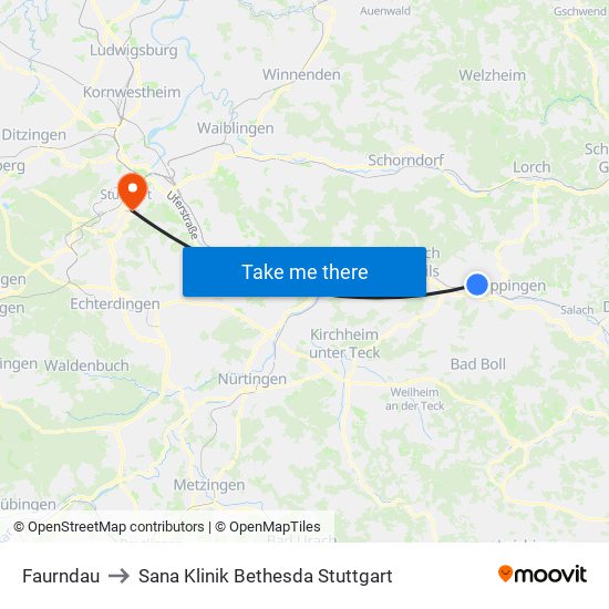 Faurndau to Sana Klinik Bethesda Stuttgart map