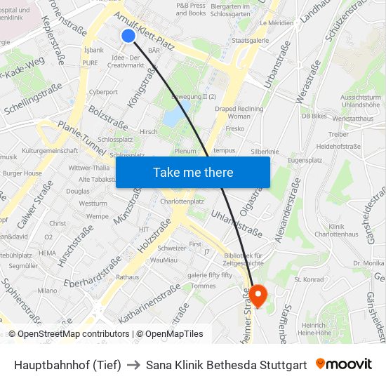 Hauptbahnhof (Tief) to Sana Klinik Bethesda Stuttgart map