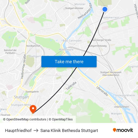 Hauptfriedhof to Sana Klinik Bethesda Stuttgart map