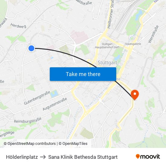 Hölderlinplatz to Sana Klinik Bethesda Stuttgart map