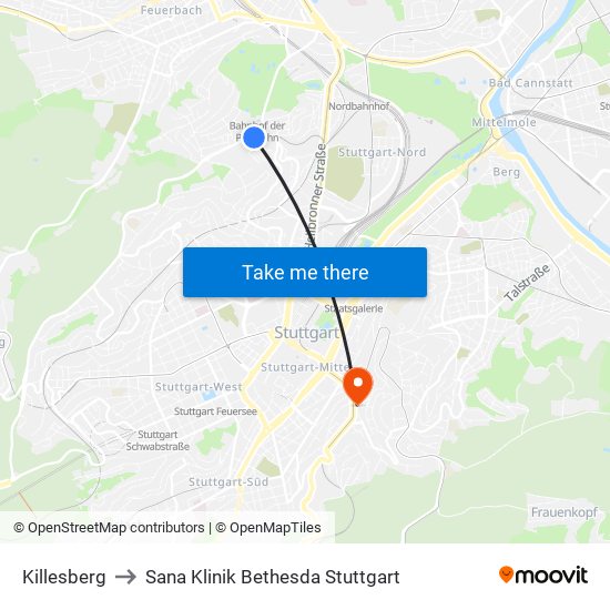 Killesberg to Sana Klinik Bethesda Stuttgart map