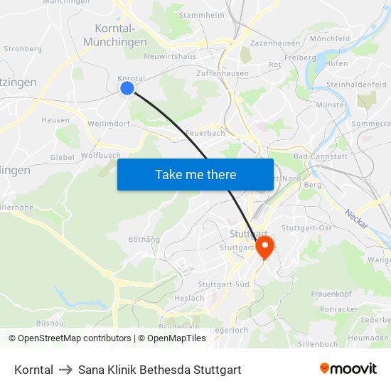 Korntal to Sana Klinik Bethesda Stuttgart map