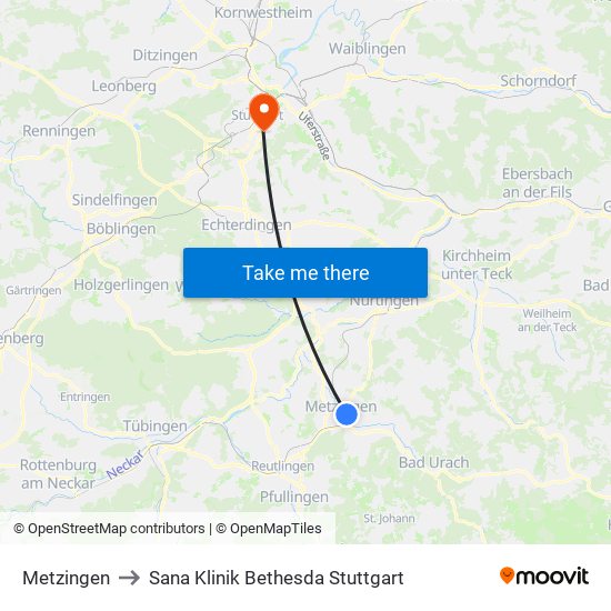 Metzingen to Sana Klinik Bethesda Stuttgart map