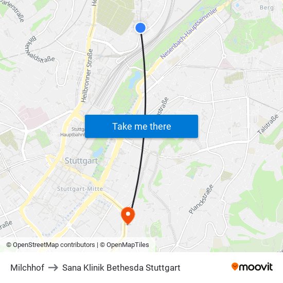 Milchhof to Sana Klinik Bethesda Stuttgart map