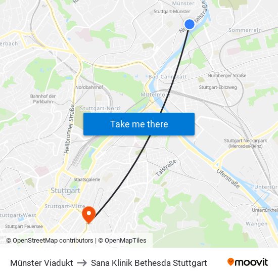 Münster Viadukt to Sana Klinik Bethesda Stuttgart map