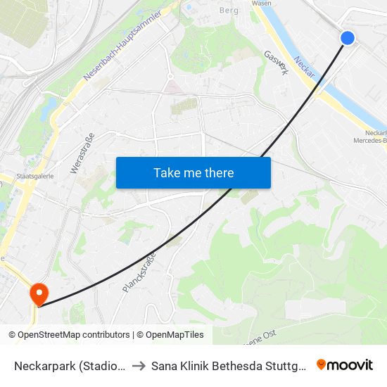 Neckarpark (Stadion) to Sana Klinik Bethesda Stuttgart map