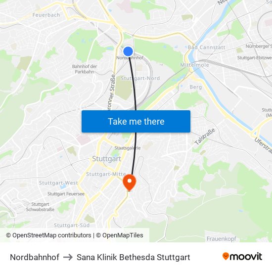 Nordbahnhof to Sana Klinik Bethesda Stuttgart map