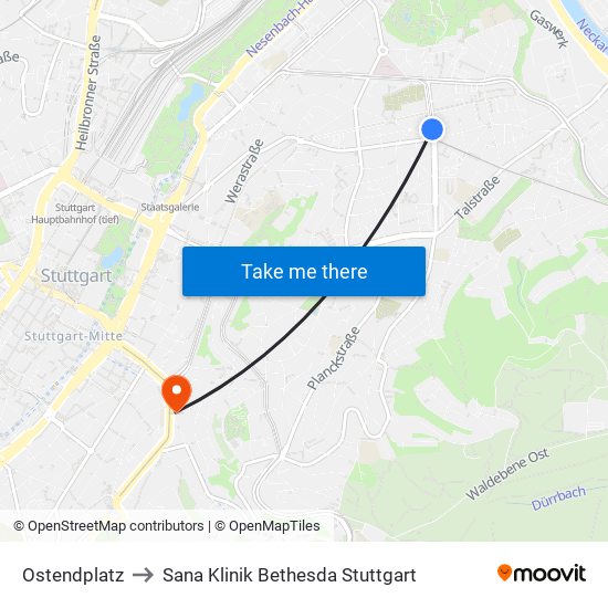 Ostendplatz to Sana Klinik Bethesda Stuttgart map