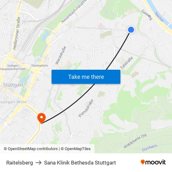 Raitelsberg to Sana Klinik Bethesda Stuttgart map