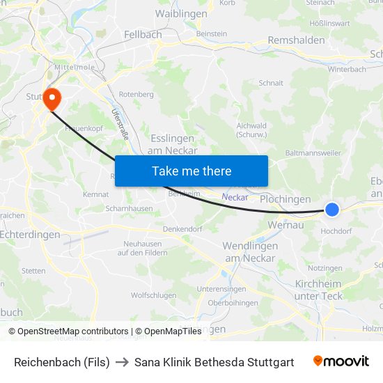 Reichenbach (Fils) to Sana Klinik Bethesda Stuttgart map