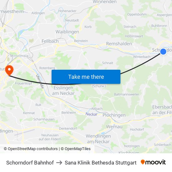 Schorndorf Bahnhof to Sana Klinik Bethesda Stuttgart map