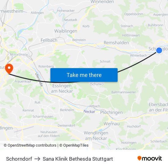 Schorndorf to Sana Klinik Bethesda Stuttgart map