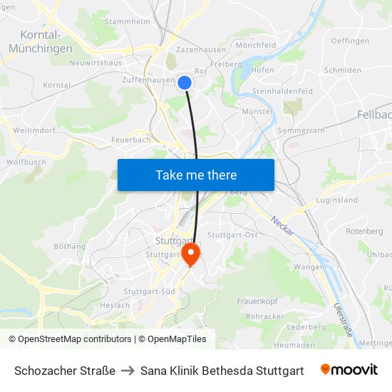 Schozacher Straße to Sana Klinik Bethesda Stuttgart map