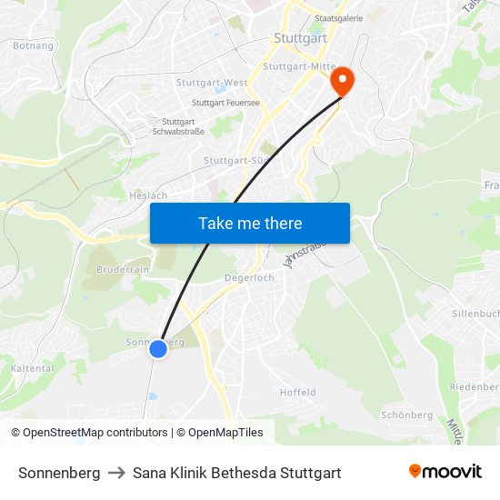 Sonnenberg to Sana Klinik Bethesda Stuttgart map